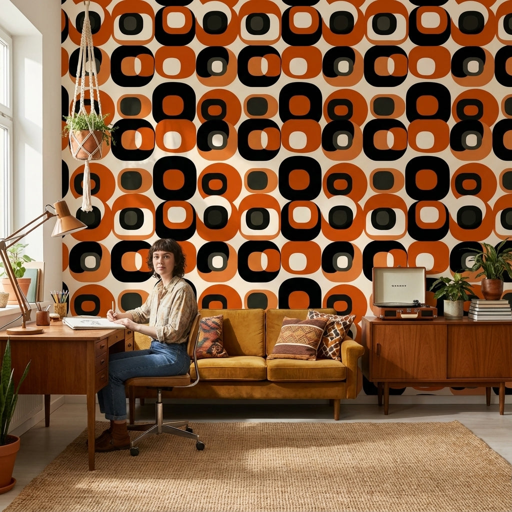 Retro Orange and Black Geometric Pattern Wallpaper