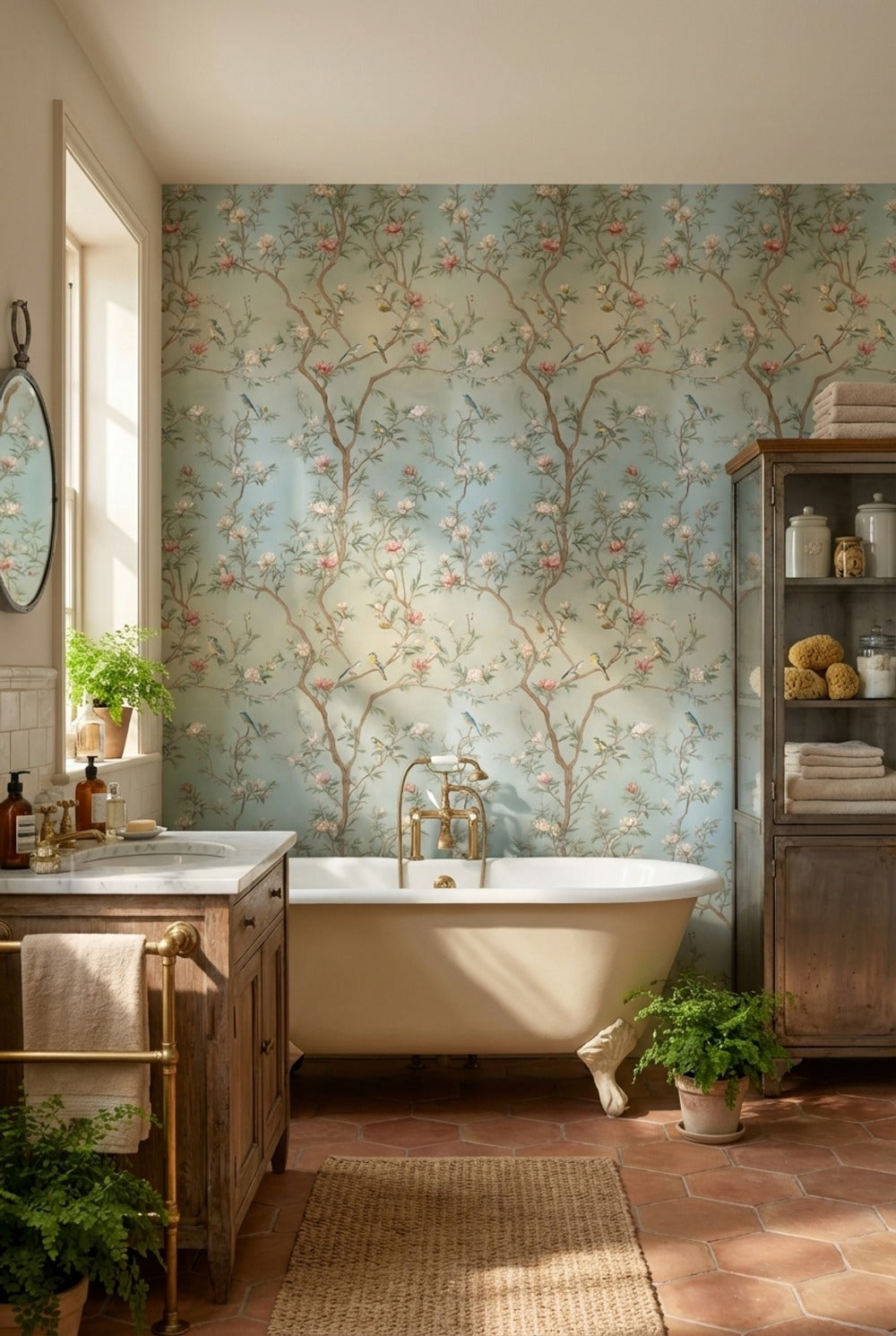 Soft Blue Cherry Blossom and Bird Wallpaper