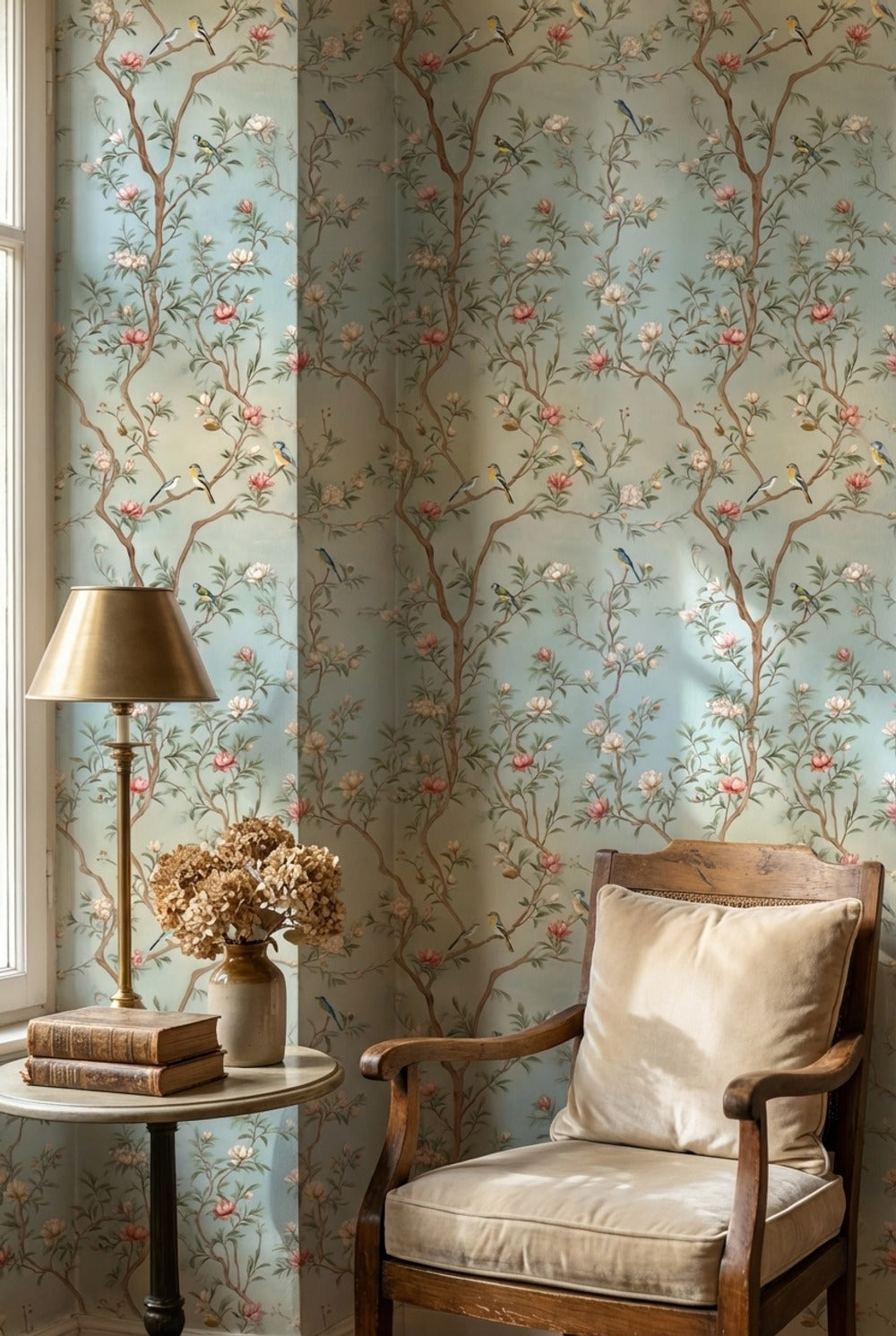Soft Blue Cherry Blossom and Bird Wallpaper