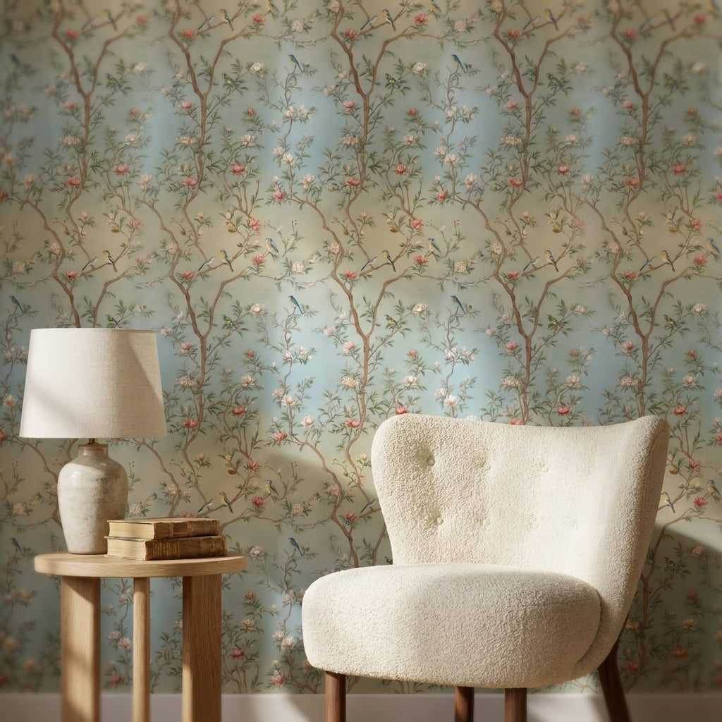 Soft Blue Cherry Blossom and Bird Wallpaper