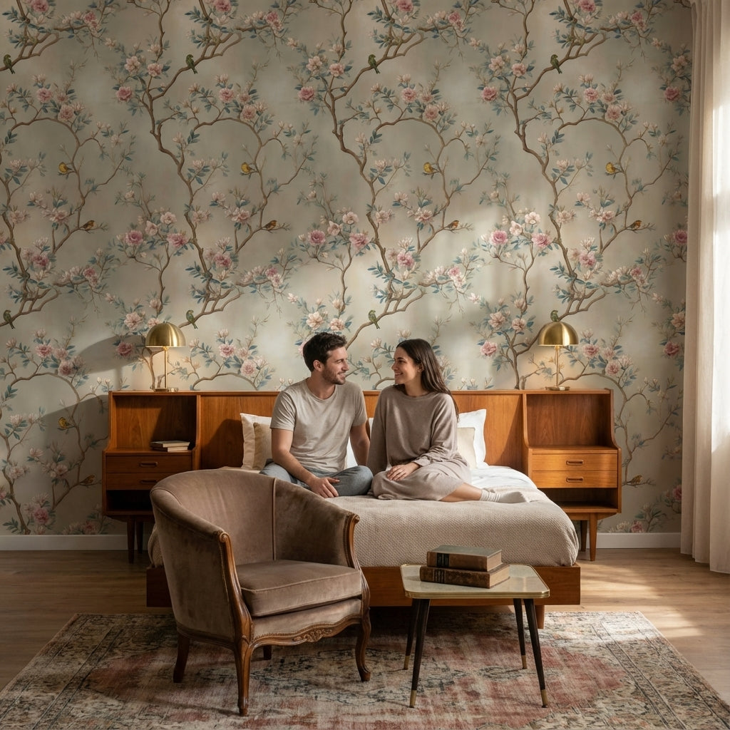 Beige Cherry Blossom and Bird Vintage Wallpaper