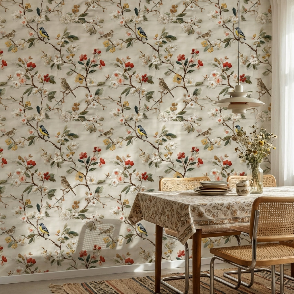 Cream Vintage Floral and Bird Pattern Wallpaper