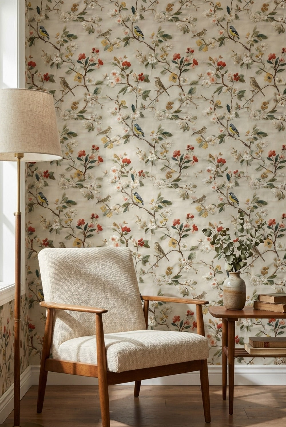 Cream Vintage Floral and Bird Pattern Wallpaper