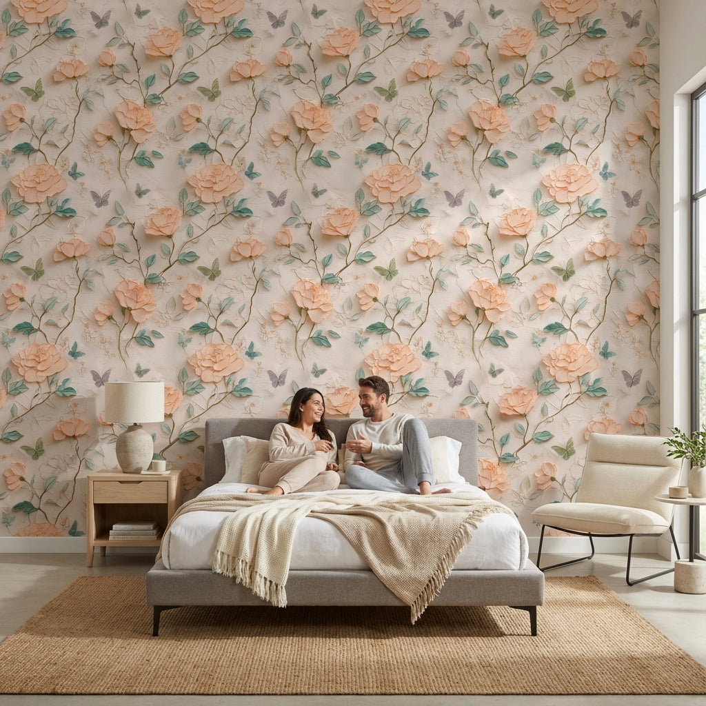 Peach Blossom Rose and Butterfly Wallpaper