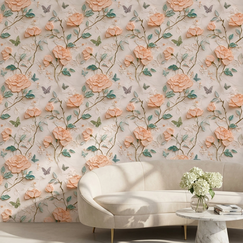 Peach Blossom Rose and Butterfly Wallpaper