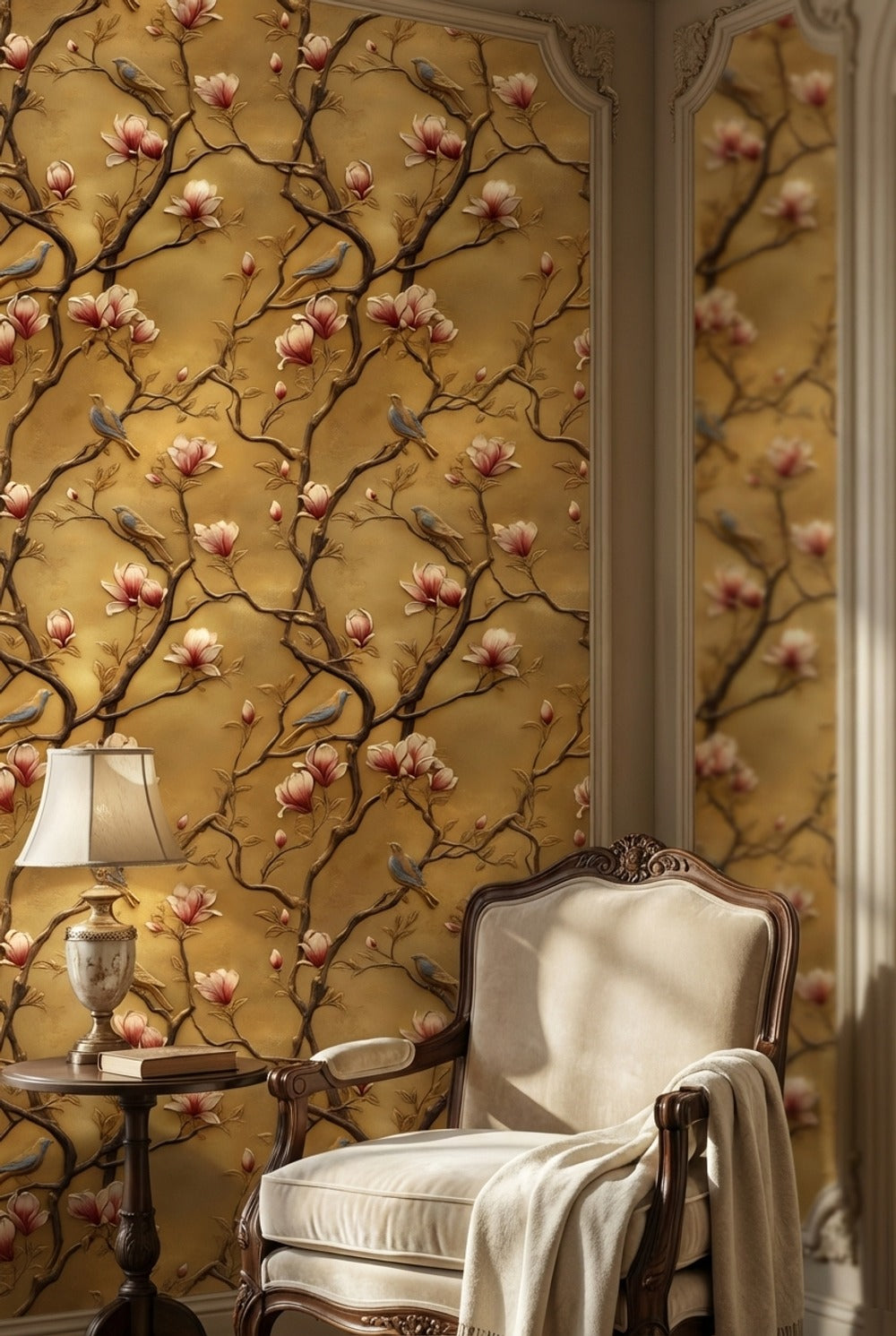 Golden Look Magnolia and Birds Chinoiserie Wallpaper