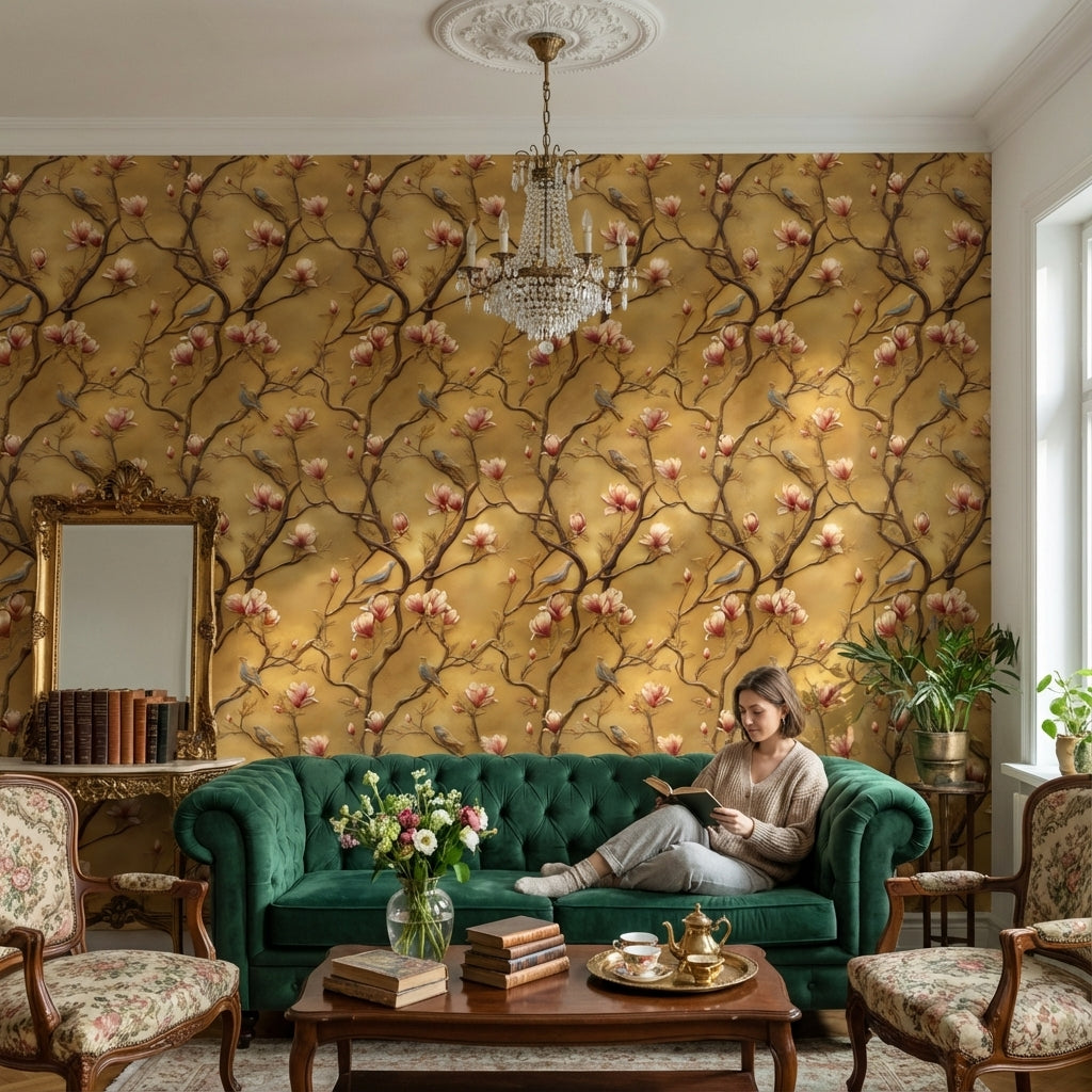 Golden Look Magnolia and Birds Chinoiserie Wallpaper