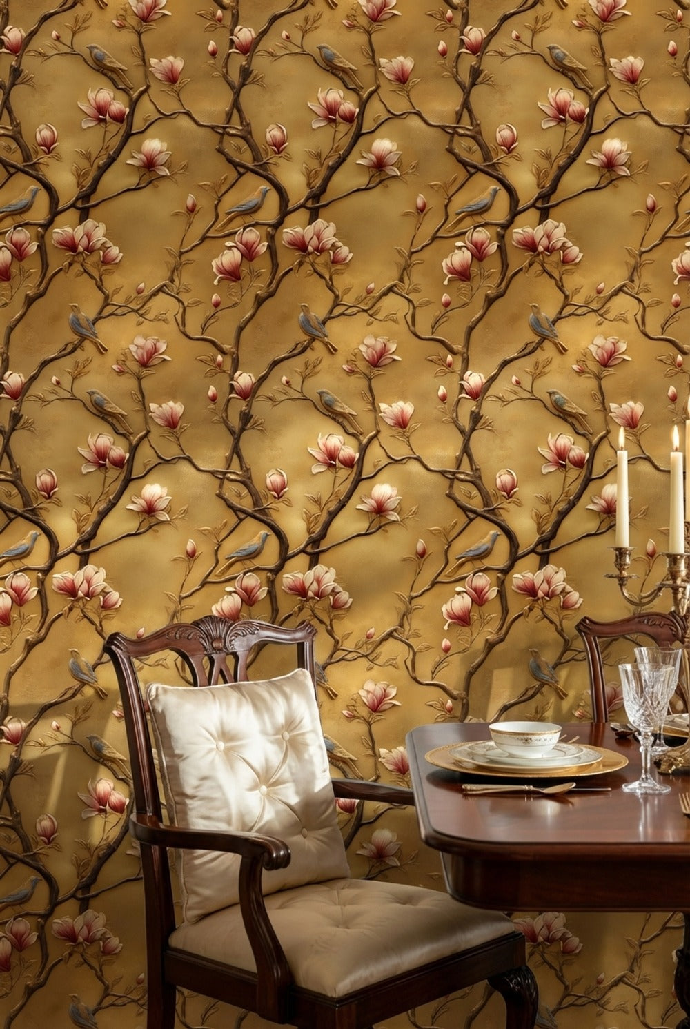Golden Look Magnolia and Birds Chinoiserie Wallpaper