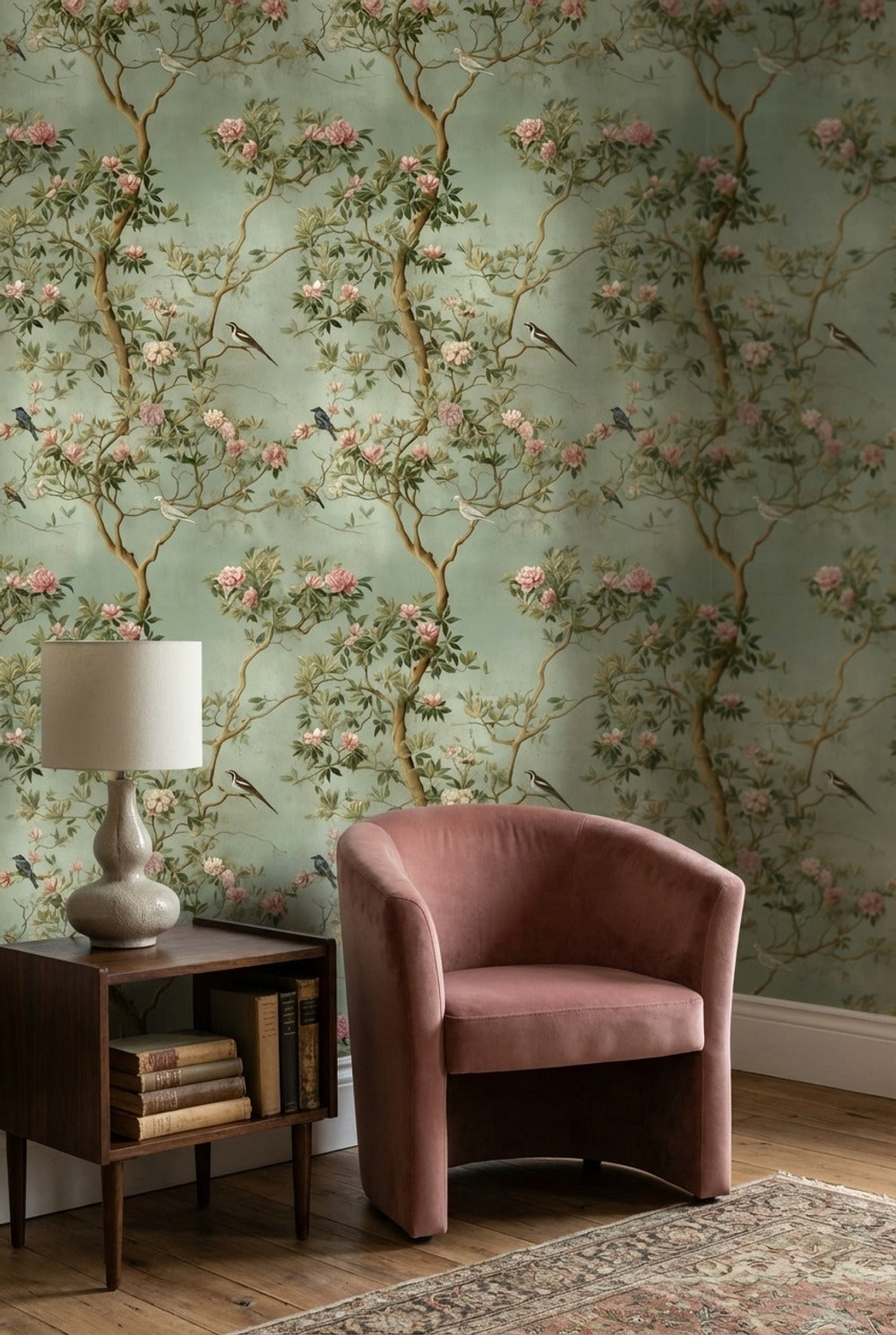 Muted Green Chinoiserie Floral and Bird Wallpaper