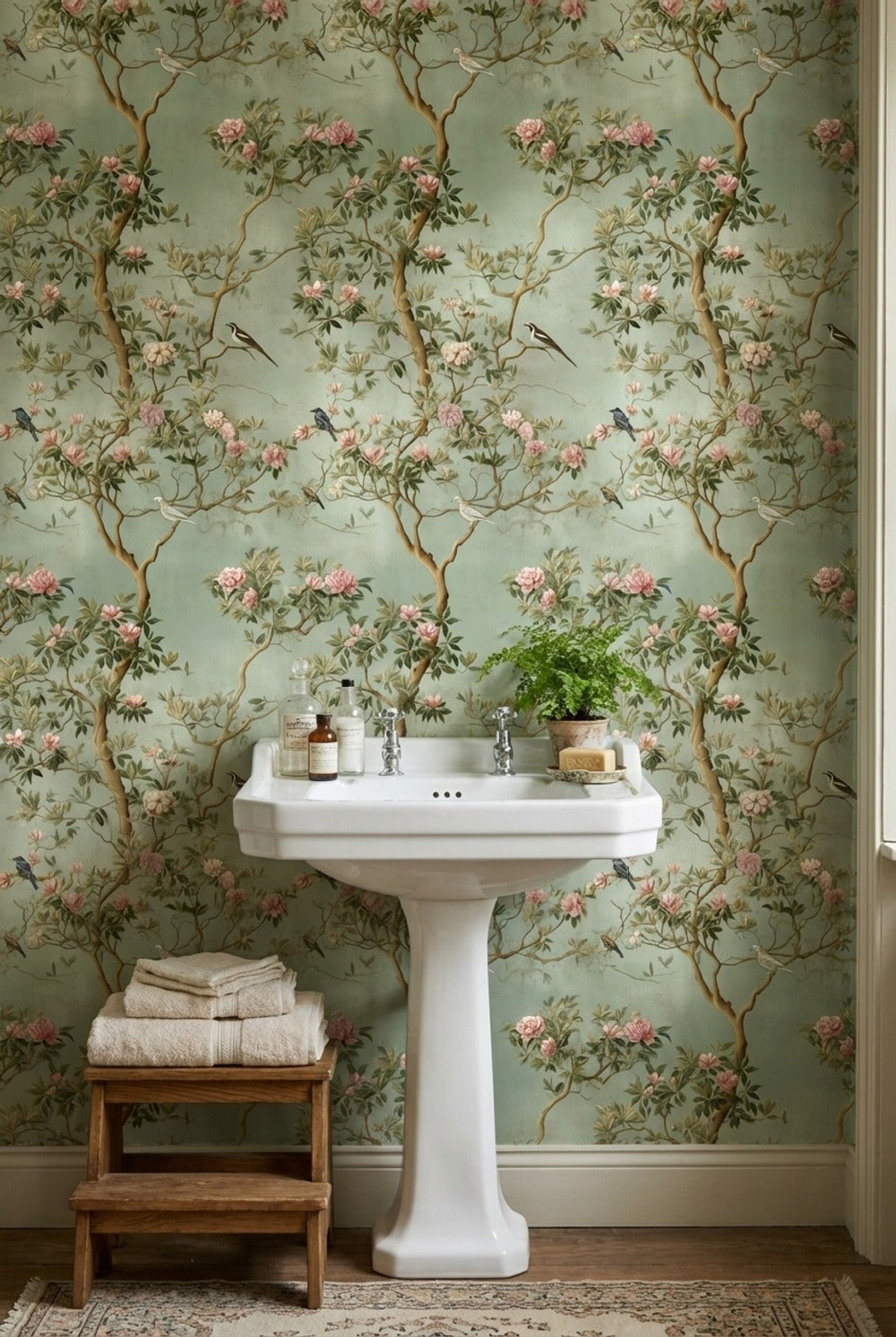 Muted Green Chinoiserie Floral and Bird Wallpaper
