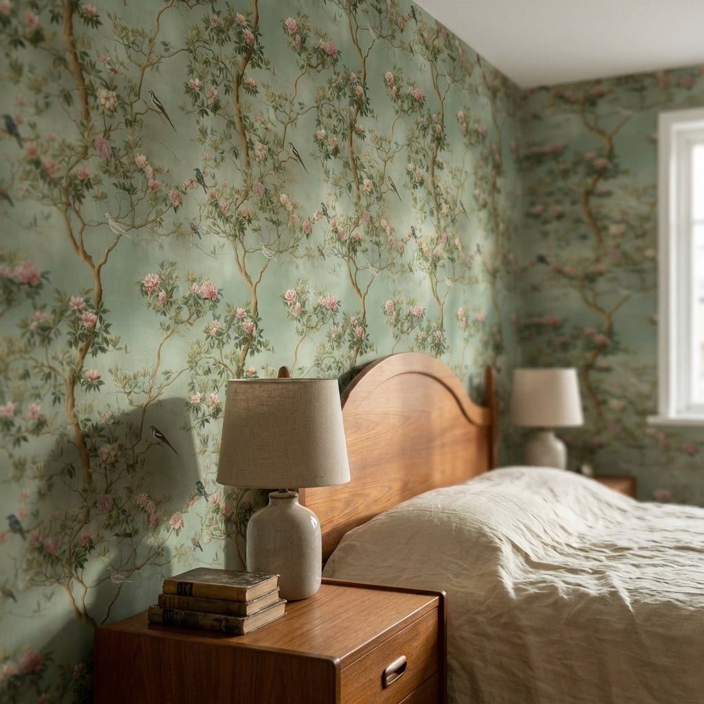 Muted Green Chinoiserie Floral and Bird Wallpaper