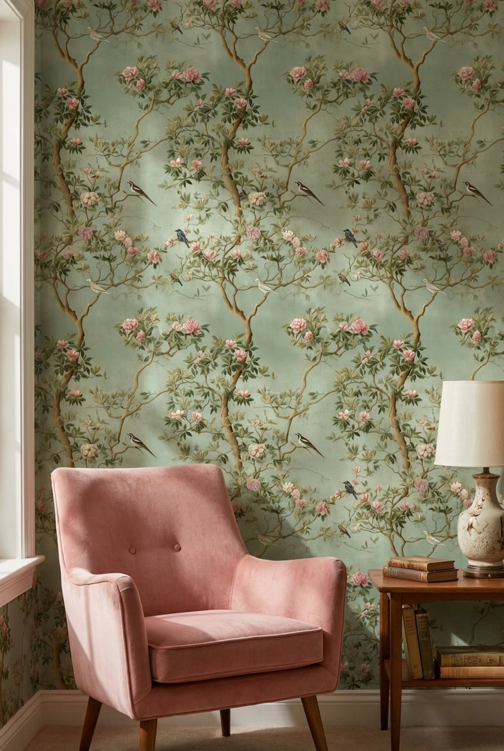 Muted Green Chinoiserie Floral and Bird Wallpaper