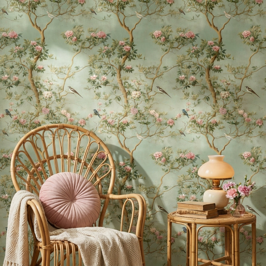 Muted Green Chinoiserie Floral and Bird Wallpaper