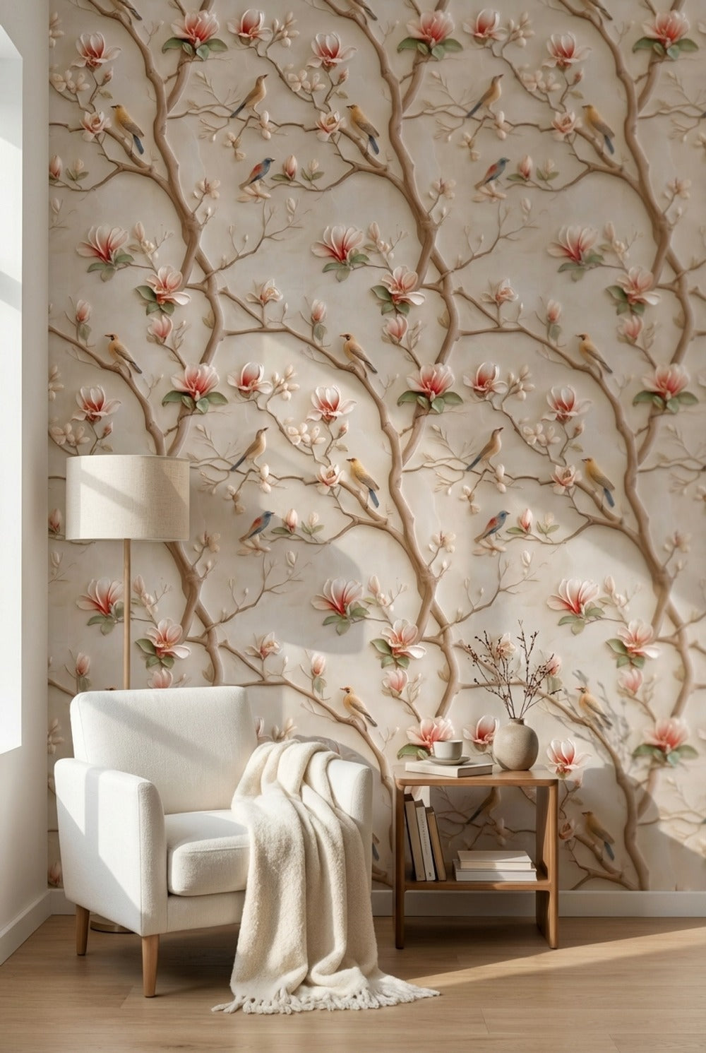 Cream Magnolia and Bird Branch Wallpaper