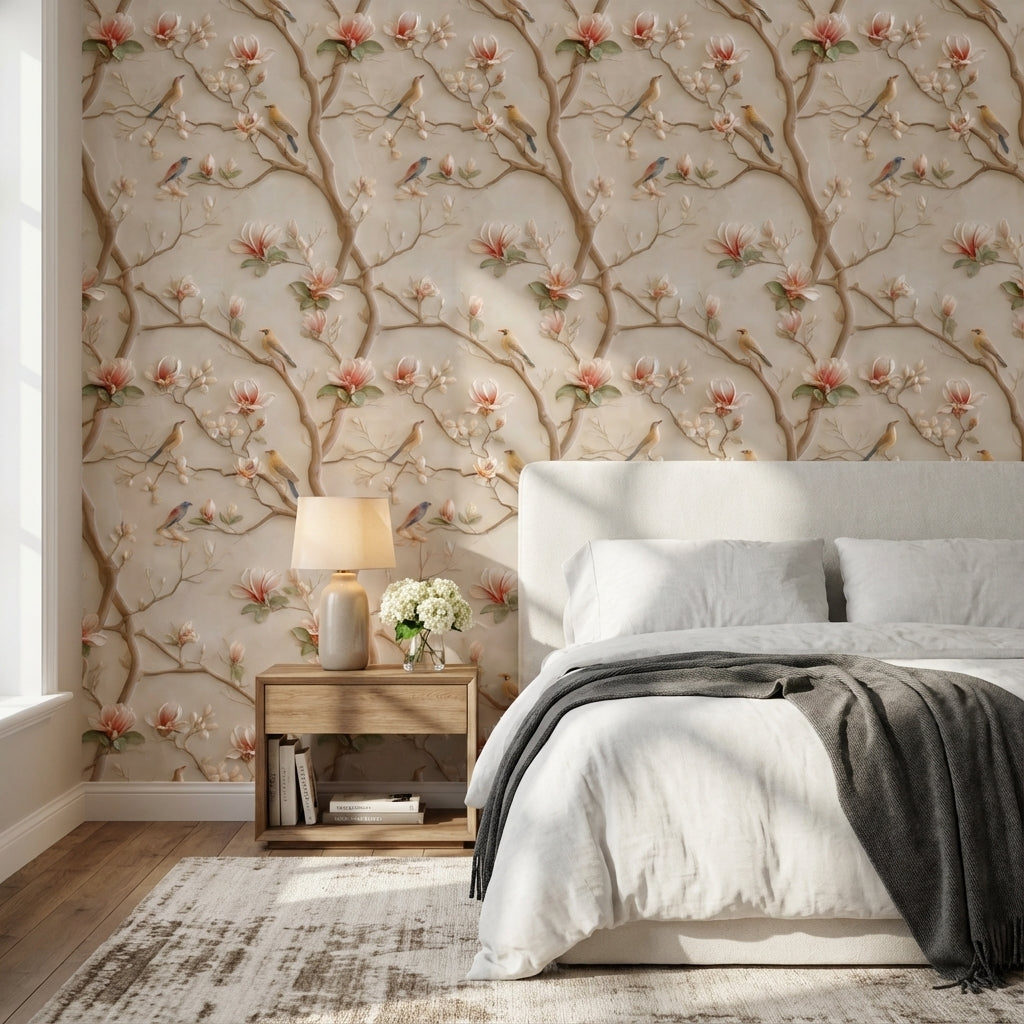 Cream Magnolia and Bird Branch Wallpaper