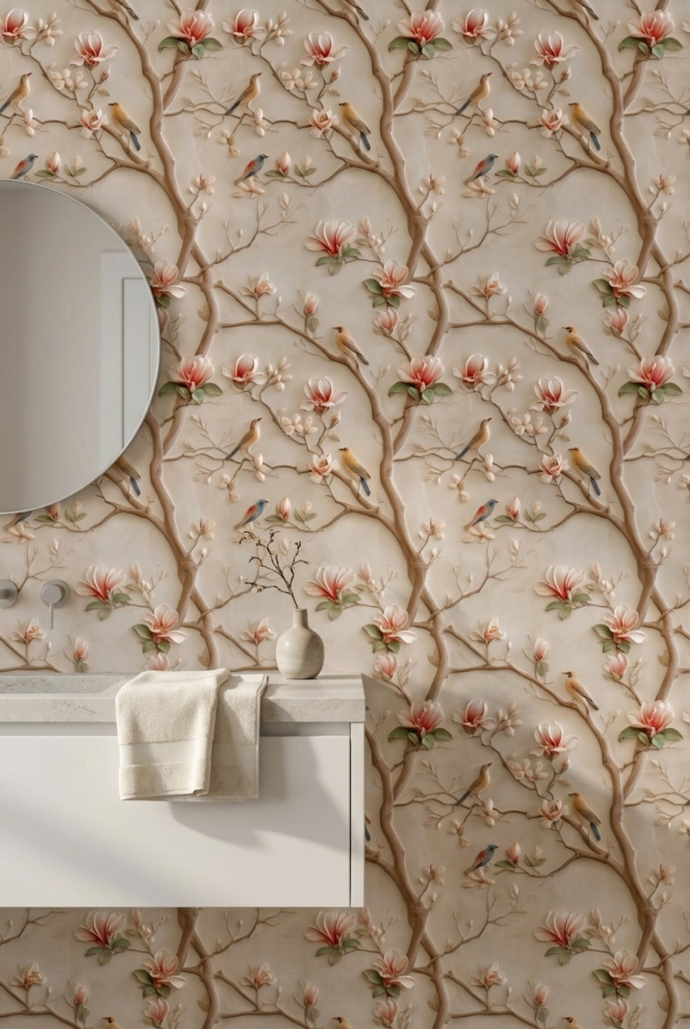 Cream Magnolia and Bird Branch Wallpaper