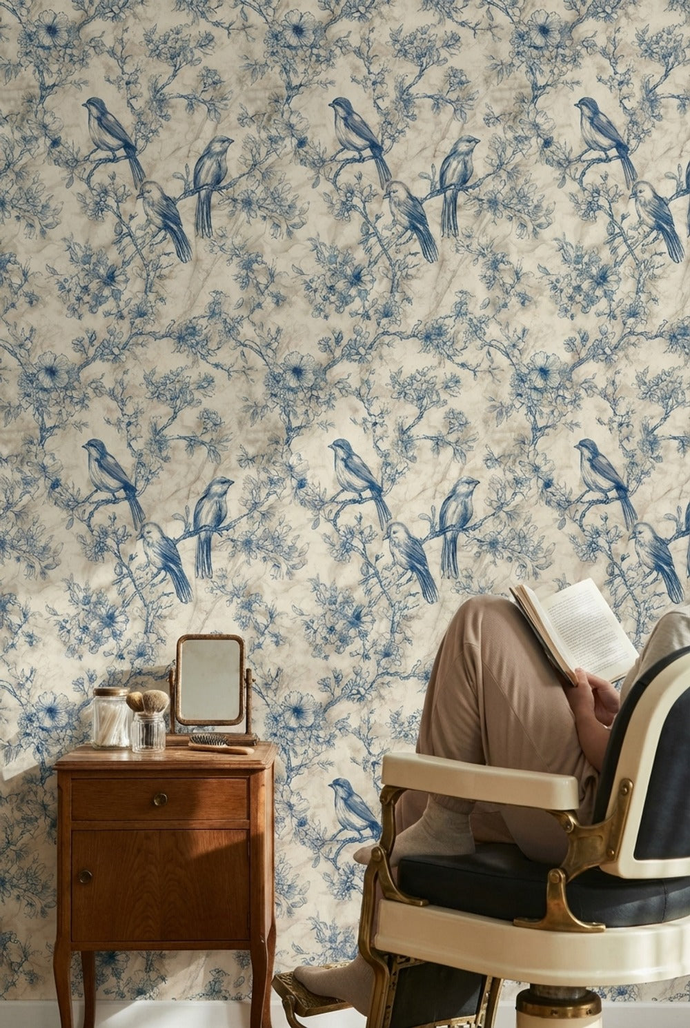 Beige and Blue Bird Floral Toile Wallpaper