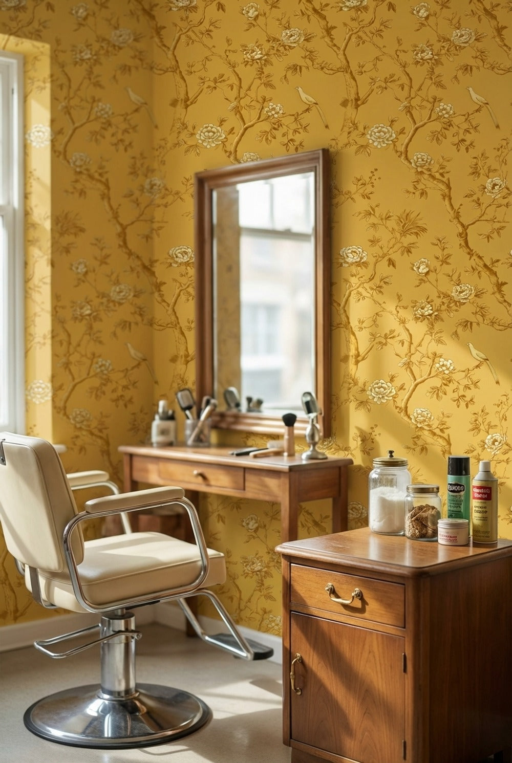 Golden Look Yellow Chinoiserie Rose and Bird Wallpaper