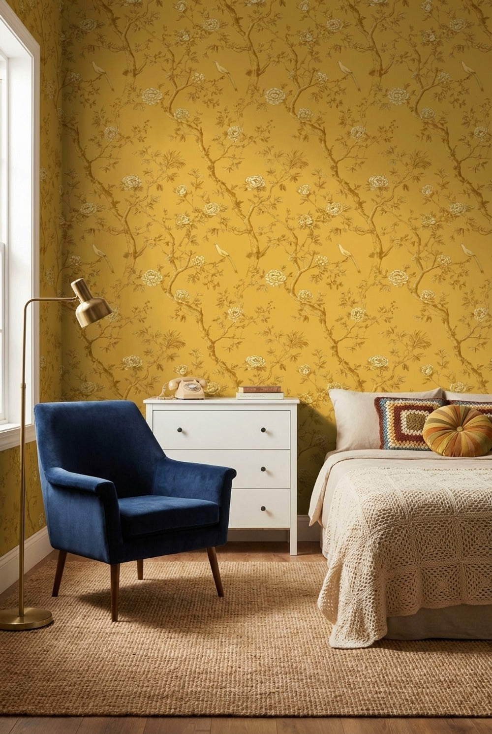 Golden Look Yellow Chinoiserie Rose and Bird Wallpaper