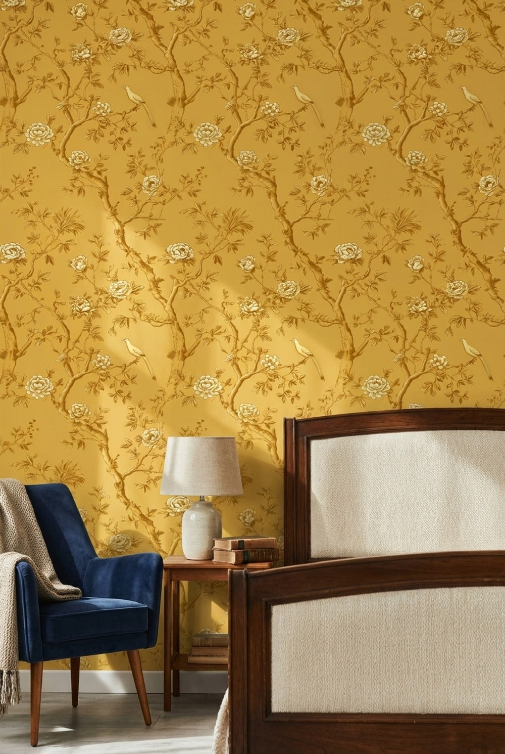 Golden Look Yellow Chinoiserie Rose and Bird Wallpaper