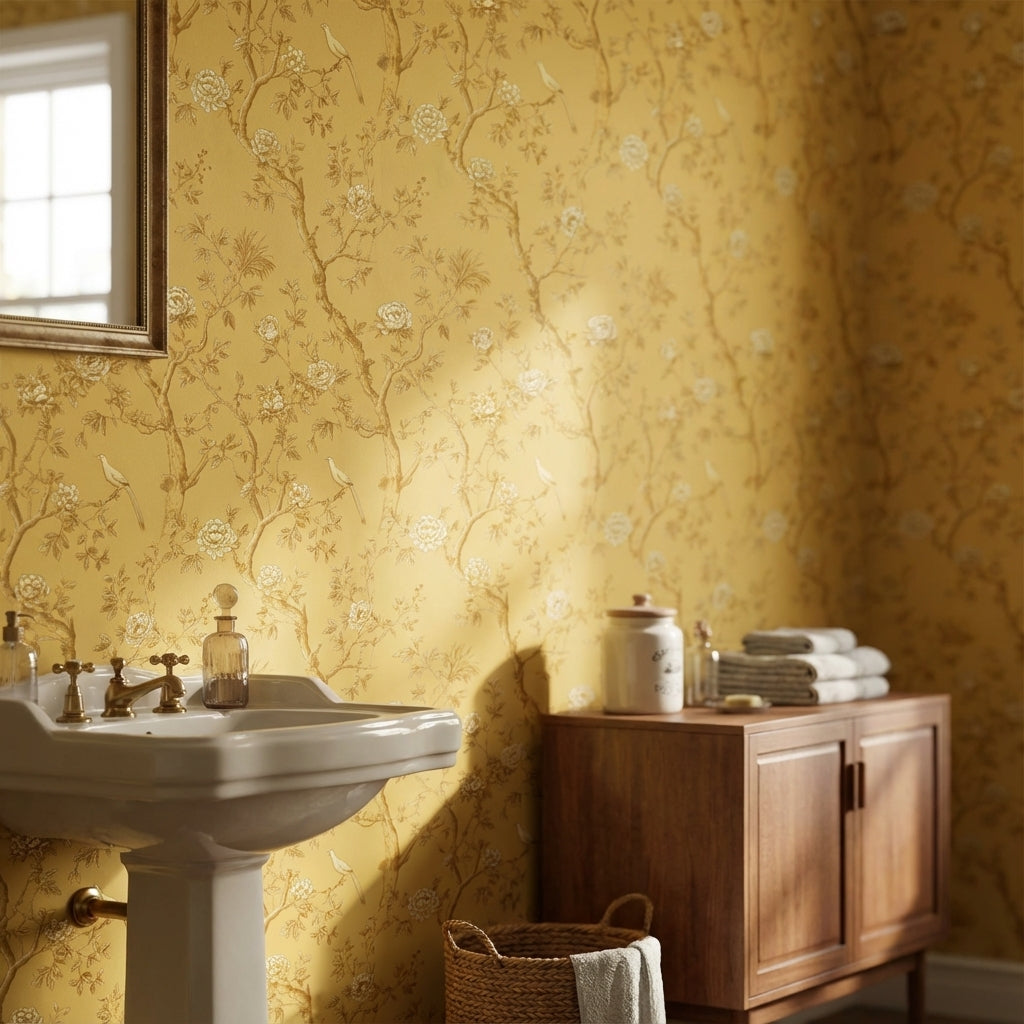 Golden Look Yellow Chinoiserie Rose and Bird Wallpaper