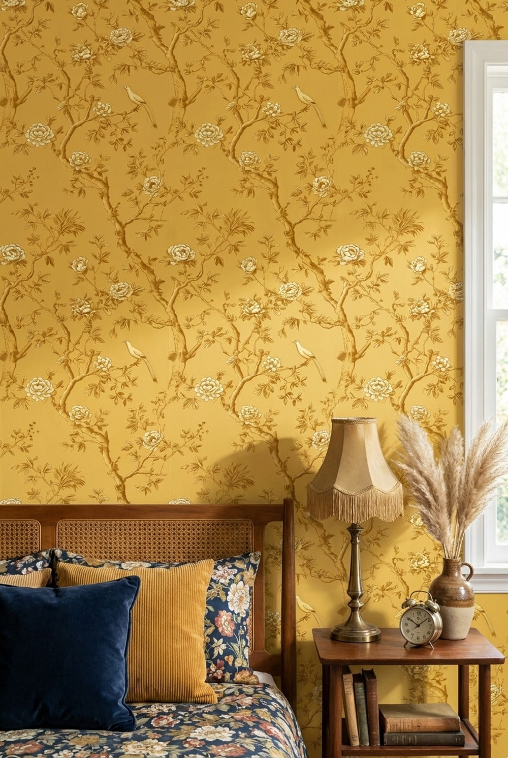 Golden Look Yellow Chinoiserie Rose and Bird Wallpaper
