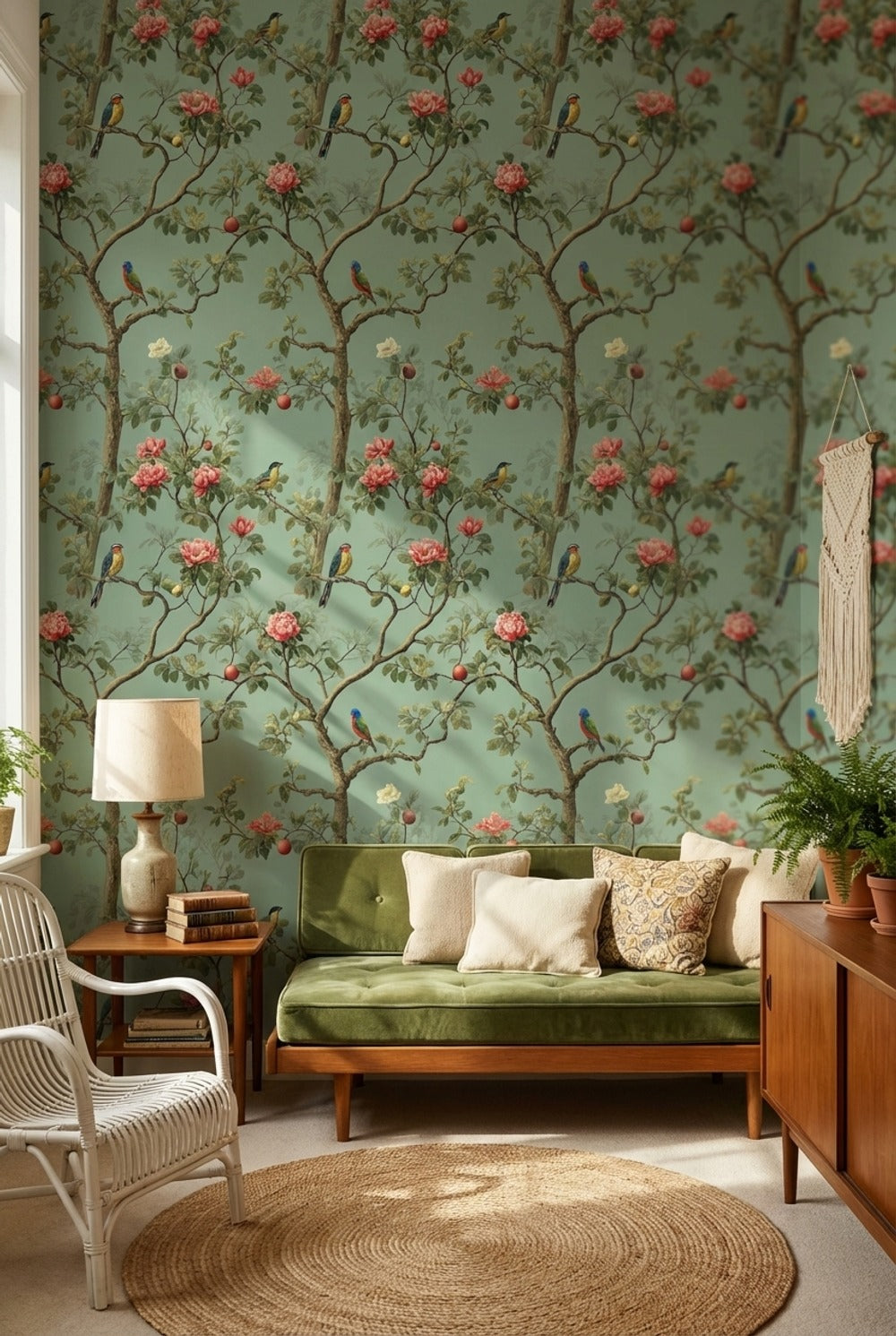 Sage Green Chinoiserie Birds and Roses Wallpaper