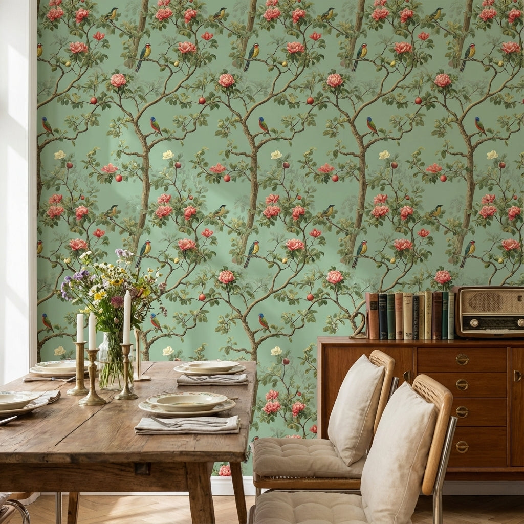 Sage Green Chinoiserie Birds and Roses Wallpaper