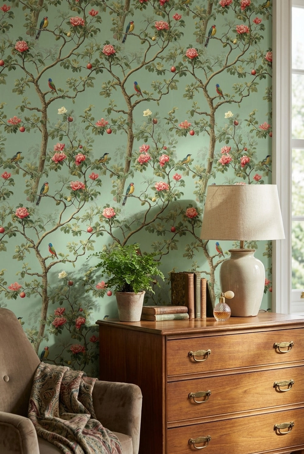 Sage Green Chinoiserie Birds and Roses Wallpaper