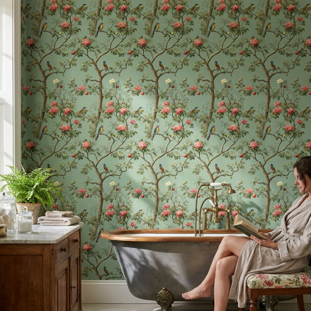 Sage Green Chinoiserie Birds and Roses Wallpaper