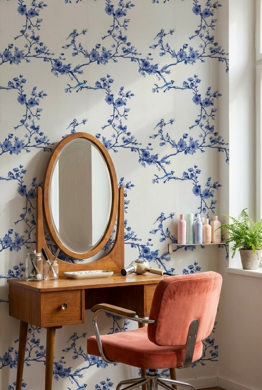 Cobalt Blue Cherry Blossom Bird Wallpaper