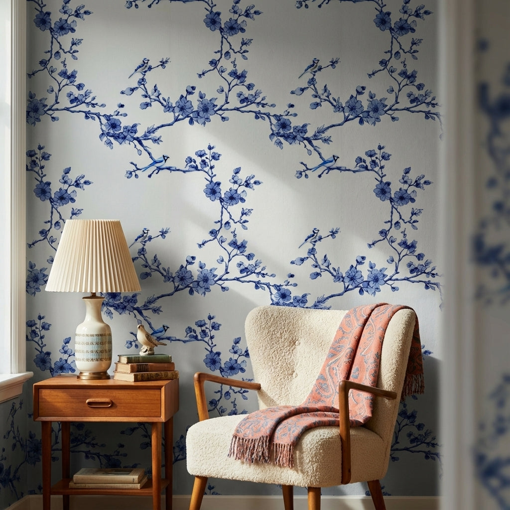 Cobalt Blue Cherry Blossom Bird Wallpaper