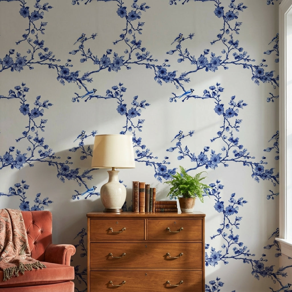 Cobalt Blue Cherry Blossom Bird Wallpaper