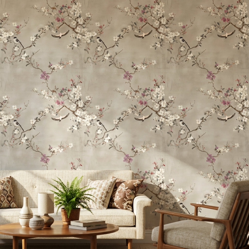 Neutral Beige Cherry Blossom and Birds Wallpaper