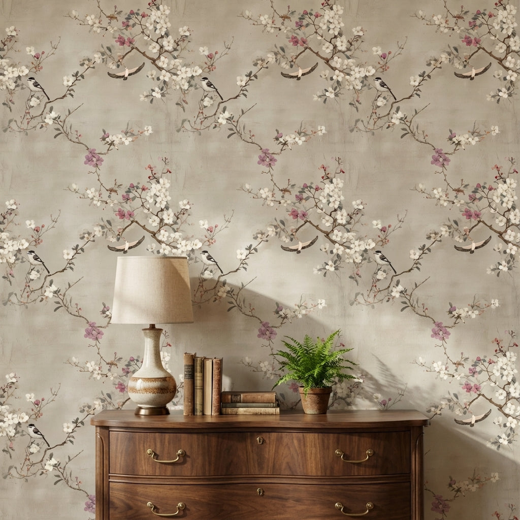 Neutral Beige Cherry Blossom and Birds Wallpaper
