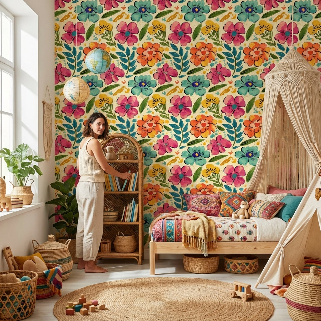 Vibrant Multicolor Large Floral Pattern Wallpaper