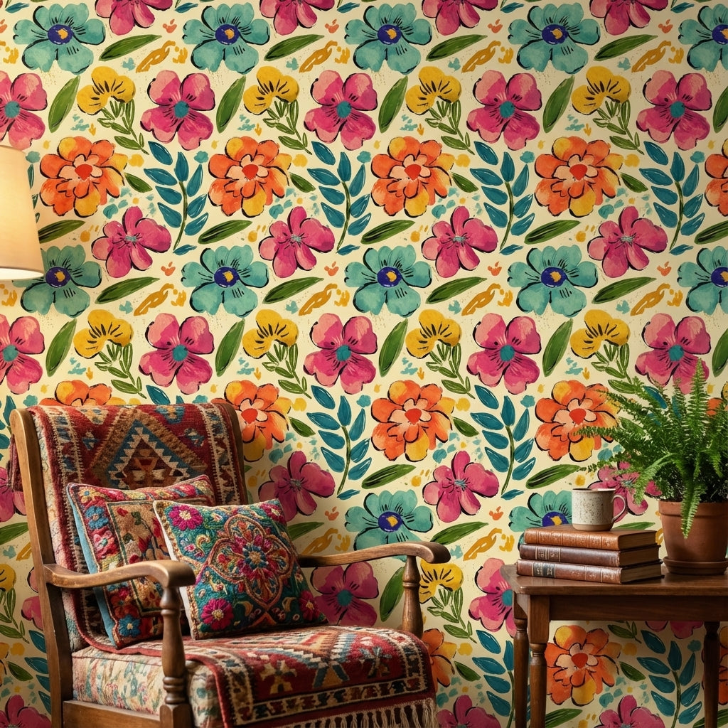 Vibrant Multicolor Large Floral Pattern Wallpaper