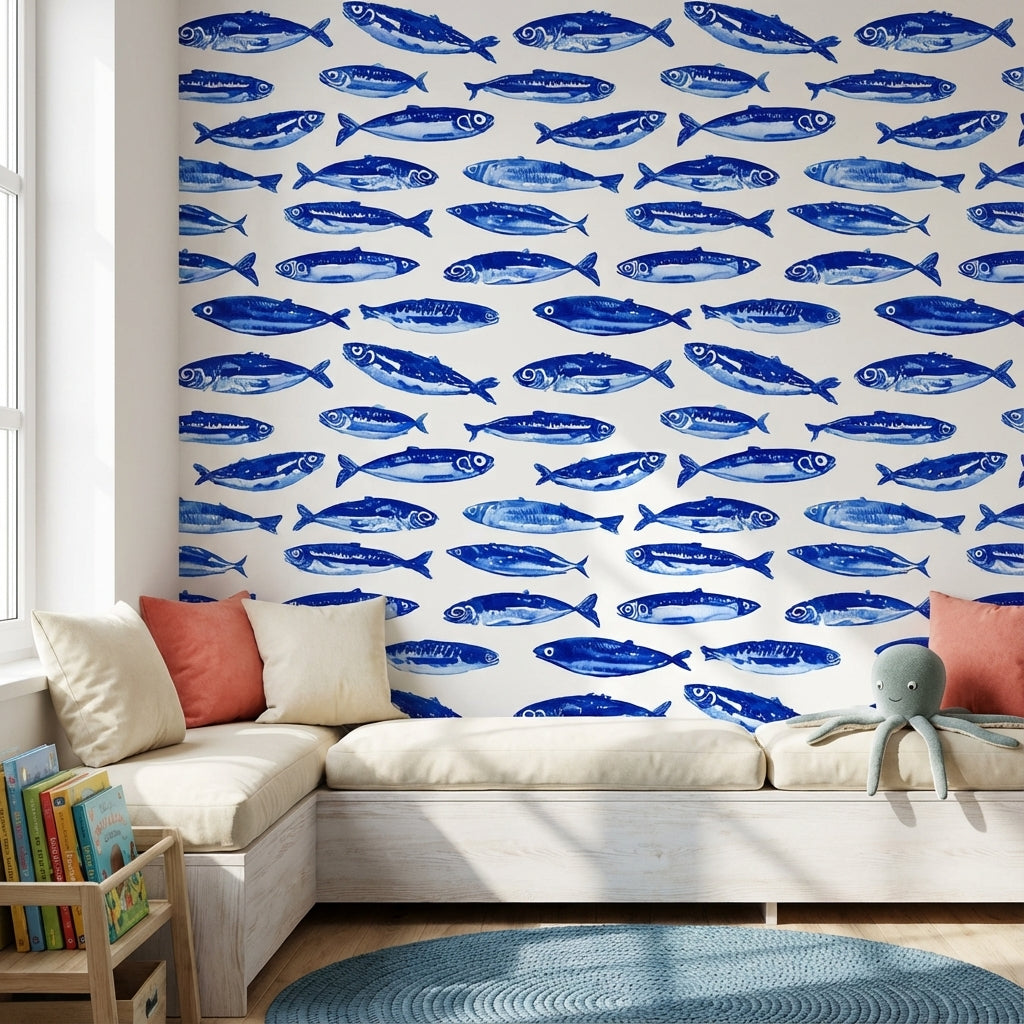 Cobalt Blue Fish Pattern Wallpaper