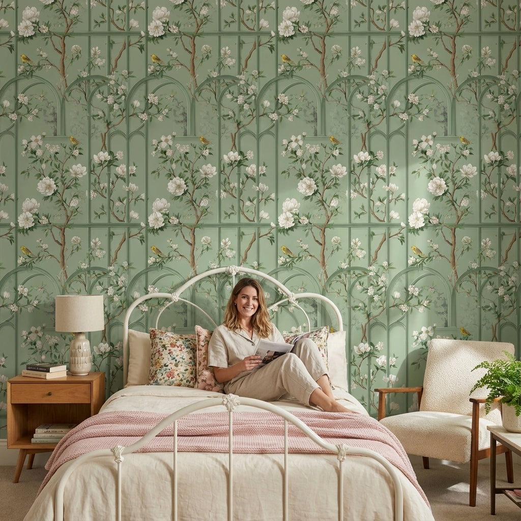 Sage Green Magnolia and Bird Arched Pattern Wallpaper