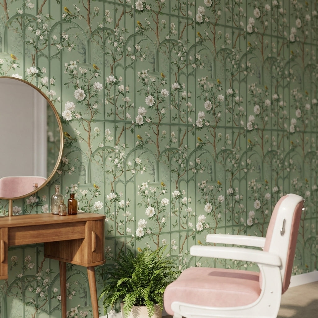 Sage Green Magnolia and Bird Arched Pattern Wallpaper
