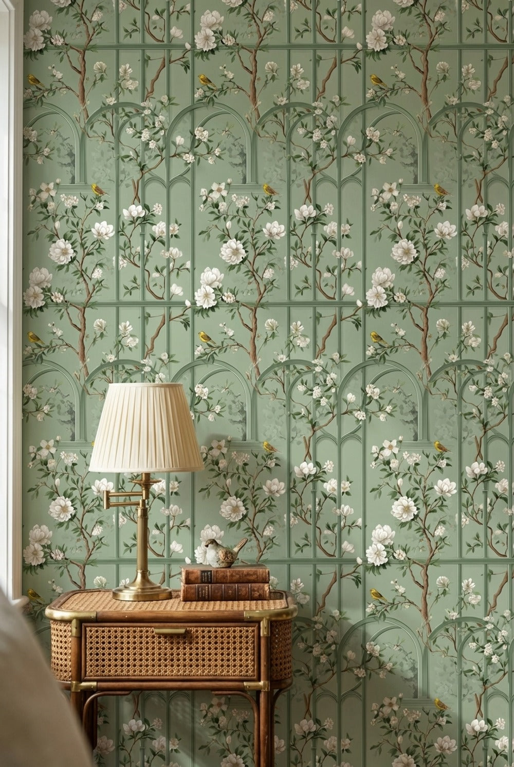 Sage Green Magnolia and Bird Arched Pattern Wallpaper