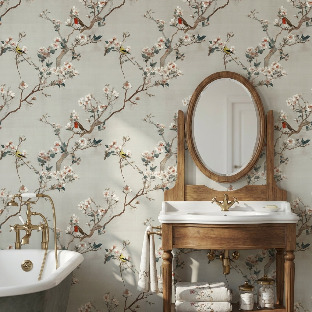 Cream Cherry Blossom with Birds Wallpaper