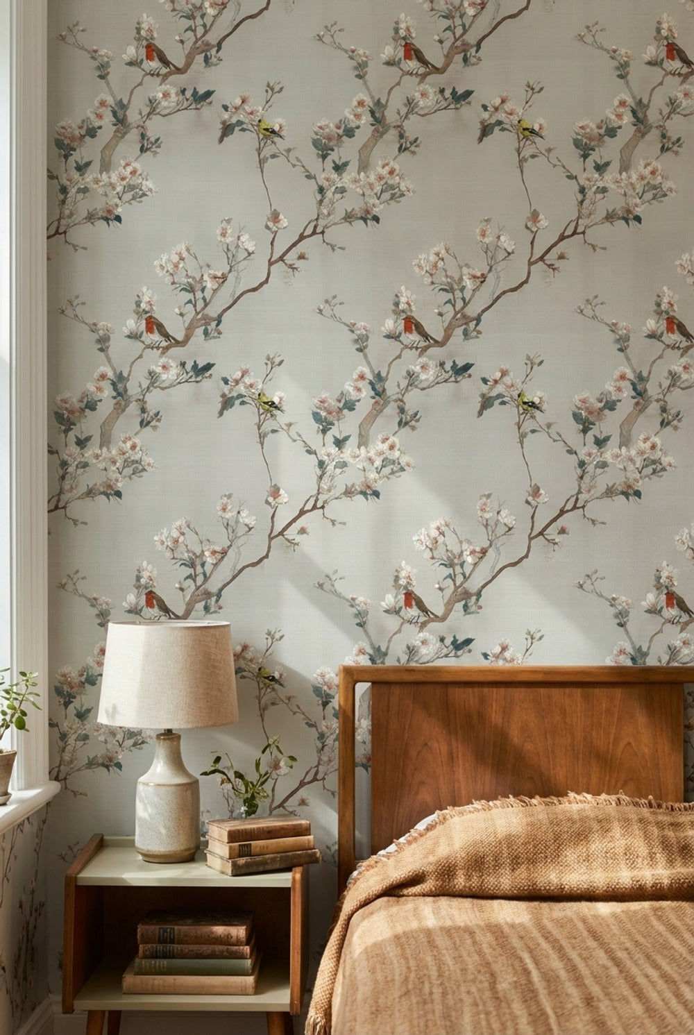 Cream Cherry Blossom with Birds Wallpaper
