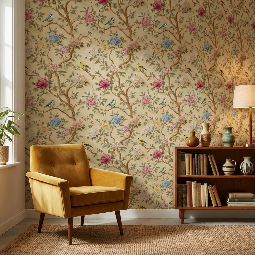 Vintage Cream Peony and Bird Floral Wallpaper