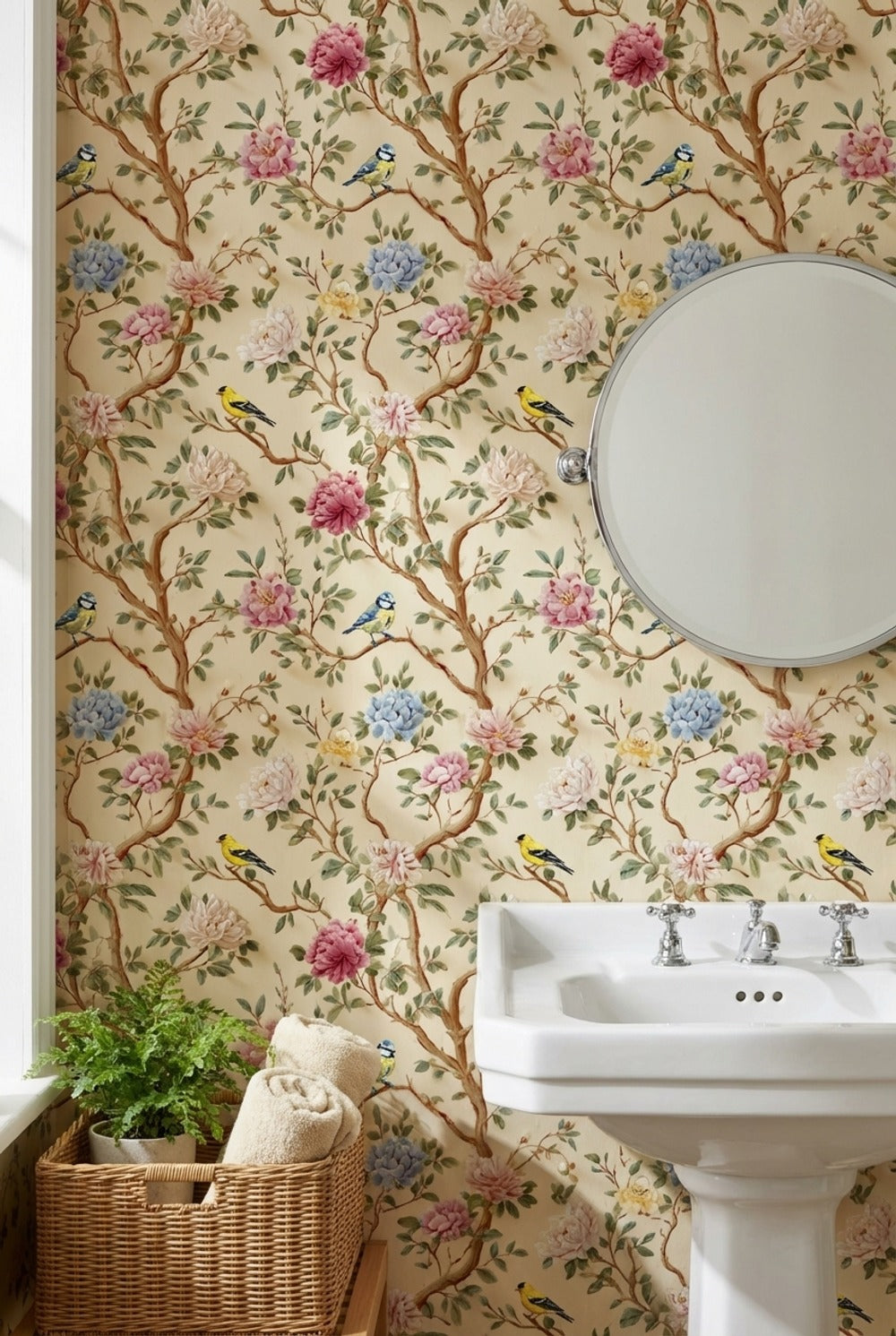 Vintage Cream Peony and Bird Floral Wallpaper