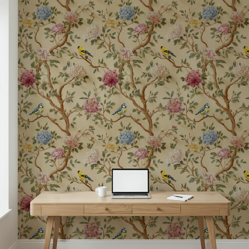 Vintage Cream Peony and Bird Floral Wallpaper