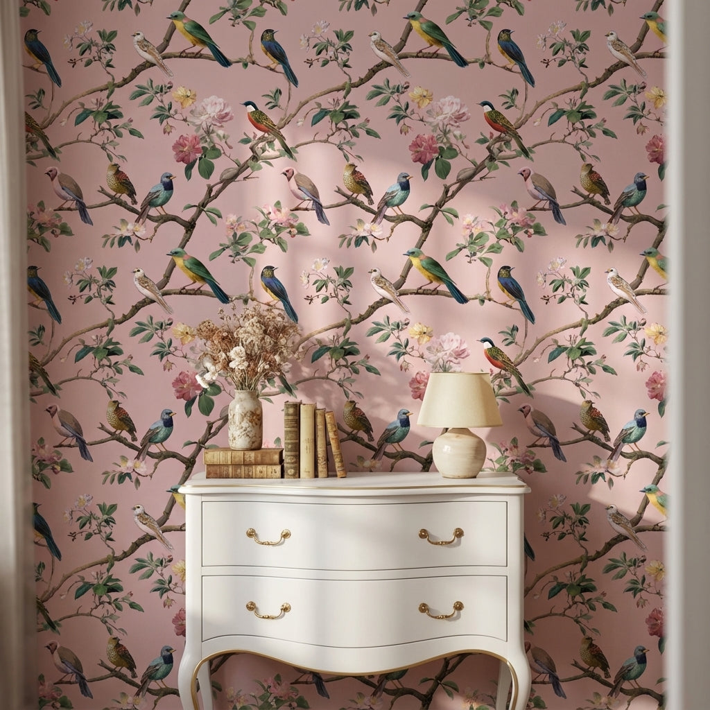 Soft Pink Bird and Cherry Blossom Wallpaper
