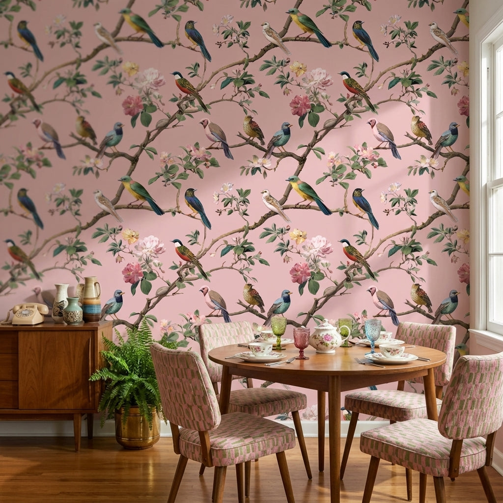 Soft Pink Bird and Cherry Blossom Wallpaper