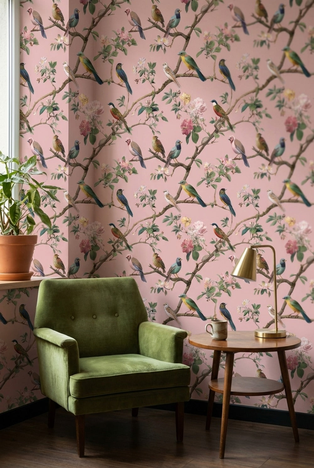Soft Pink Bird and Cherry Blossom Wallpaper