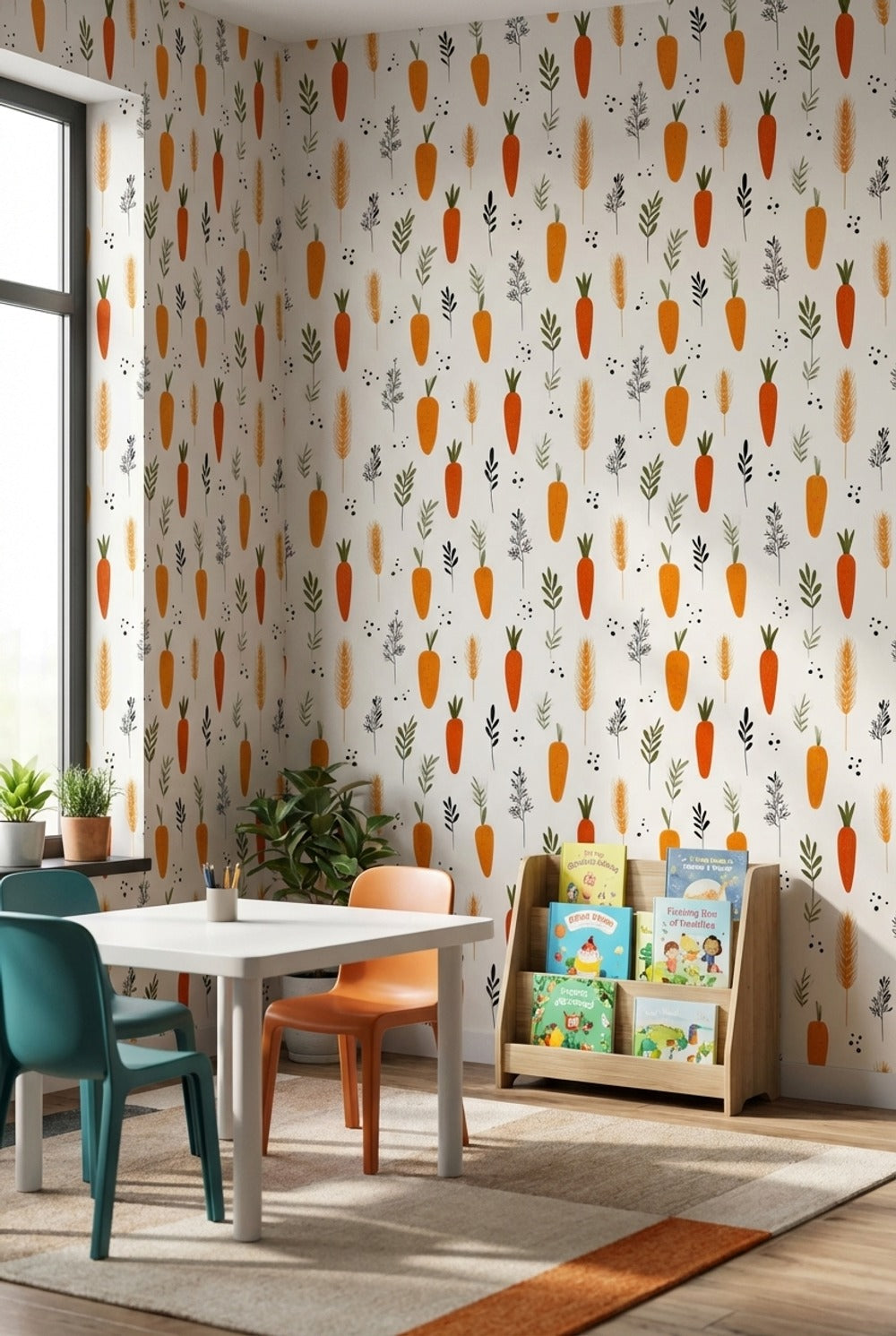 Bright Orange Carrot and Herb Pattern Wallpaper